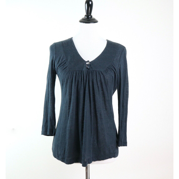 Joie Size S 100% Linen Henley Peasant Blouse Slub Knit Washed Black - Picture 2 of 9